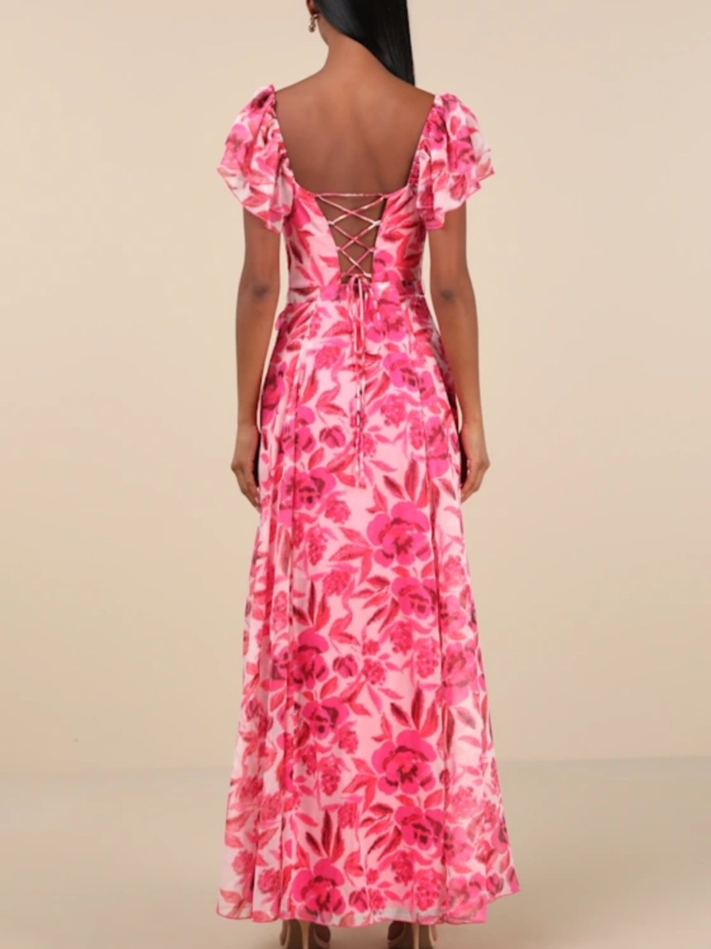 Lulu's Pink Floral Ruffle Maxi Dress with Side Slit - Picture 2 of 4